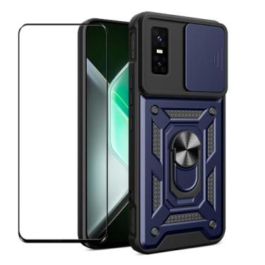 Imagem de CNPUTAO Capa para Infinix GT 30 pro 5G com protetor de tela de vidro temperado, janela deslizante para câmera, suporte, capa de telefone de camada dupla antiarranhões à prova de choque, azul