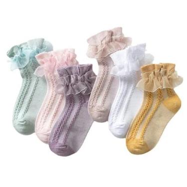 Imagem de Meias De Algodão Com Renda E Babados Para Meninas, Estilo Princesa, Co