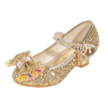 Imagem de Onyxeey Princess Shoes Sapatos sociais infantis para meninas com salto alto – Confortável e elegante (tamanho 2-13), Dourado, 11.5 Little Kid
