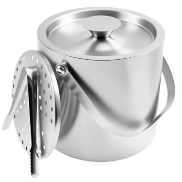 Imagem de Balde de gelo com tampa, pinças e coador, balde de gelo isolado de parede dupla de aço inoxidável para bar de coquetel, festas, vinho gelado, champanhe, mantenha o gelo congelado por mais tempo