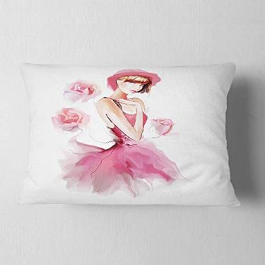Imagem de Designart Camiseta feminina com vestido rosa e chapéu, arte digital, retrato, sala de estar, sofá, enchimento de almofada + capa de almofada impressa em ambos os lados 30,5 x 50,8 cm