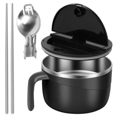 Imagem de Tigela de ramen de micro-ondas, tigela de ramen rápida com tampa filtrável, tigela de sopa de micro-ondas de aço inoxidável de 1200 ml, panela de ramen portátil com colher pauzinhos para casa