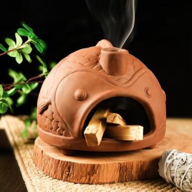 Imagem de MOUGIGI Suporte grande de terracota Palo Santo em forma de peixe – Queimador de cone para sálvia, incenso de chaminé com chaminé, ideal para meditação, zen, ioga, spa e bem-estar | Itens de alívio de