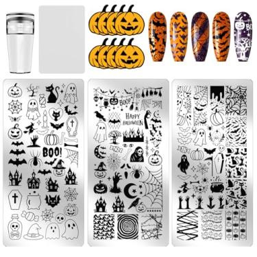 Imagem de PH PandaHall 3 peças de placa de carimbo de unha de Halloween, estampa de abóboras, estampa de fantasmas, modelo de arte de aço inoxidável, morcegos, padrão de esqueleto, placa de imagem de unha para