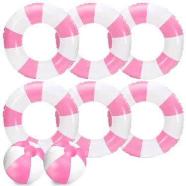 Imagem de Whaline Conjunto de 8 peças de brinquedo inflável branco e rosa listrado 58 cm bola de praia com estampa divertida de tubo de bilhar para adolescentes, meninos, meninas, verão, natação, praia, festa