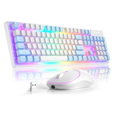 Imagem de MageGee Teclado e mouse para jogos sem fio V550, teclados de computador LED RGB de tamanho completo de 2,4 G com revestimento transparente, combo de mouse e teclado sem fio silencioso recarregável
