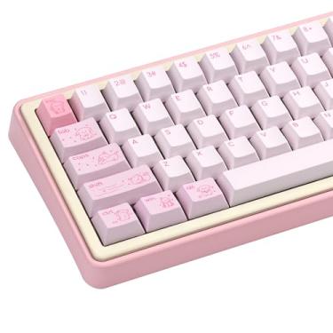 Imagem de TIMSEKER Teclado minimalista fofo rosa, tampa de chave personalizada com perfil cereja PBT para teclado mecânico de jogos, conjunto de teclas de sublimação de tinta de 130 teclas