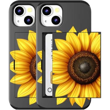 Imagem de MUQR Capa compatível com iPhone 15 com porta-cartão fofo - Design Kawaii, proteção contra quedas de nível militar, capa carteira robusta para mulheres (arte preta e amarela com girassol)