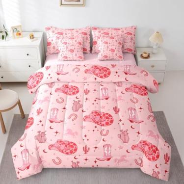 Imagem de Conjunto de cama queen com estampa de vaqueira ocidental rosa, para meninas, casa de fazenda, com cavalo rústica, para decoração de quarto de crianças, meninos e adolescentes, conjunto de cama tribal