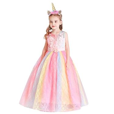 Imagem de FMYFWY Fantasia de unicórnio para meninas, aniversário, concurso, festa, Halloween, Natal, sem mangas, arco-íris, renda, vestido longo de tule com faixa de cabeça 11-12 anos
