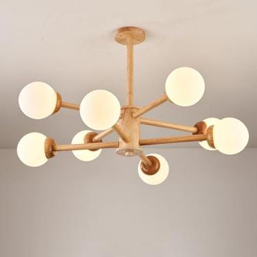 Imagem de Lustre moderno de vidro para sala de jantar, lustre de vidro leitoso de madeira de fazenda, luz de teto embutida, luz pendente para cozinha, ilha, quarto, sala de estar, madeira, 8 luzes