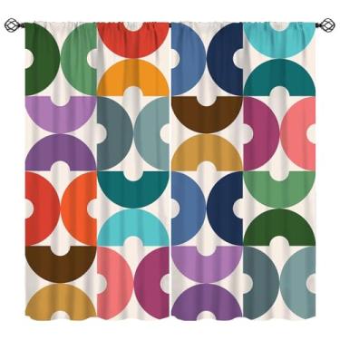 Imagem de Cortina geométrica infantil colorida arco-íris abstrato circular tratamento de janela meados do século retro divertido bonito cortinas brilhantes para quarto sala de estar cozinha L 106 x C 113 cm