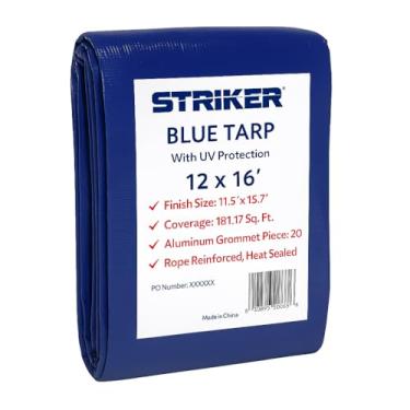 Imagem de Striker Lona azul 3,5 m x 40,6 m - Capa de PE multiuso com proteção UV, 20 ilhós resistentes à ferrugem e bordas reforçadas com corda