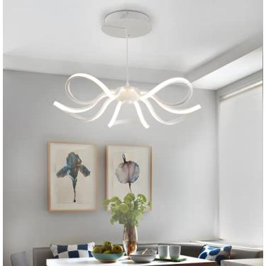 Imagem de Lustre moderno regulável em forma de pétala para sala de jantar, luminária pendente LED de metal e acrílico, luminária artística com controle remoto, acabamento branco