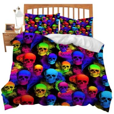 Imagem de Jogo de edredom com tema de caveira, 3 peças, com 2 fronhas, tamanho king, gótico, colorido, lençol de cama para quarto