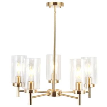 Imagem de Lustre moderno, abajur moderno de vidro transparente, luminária pendente, 5 luzes, níquel escovado, lustre contemporâneo, luminária de teto suspensa para cozinha, sala de jantar, sala de est