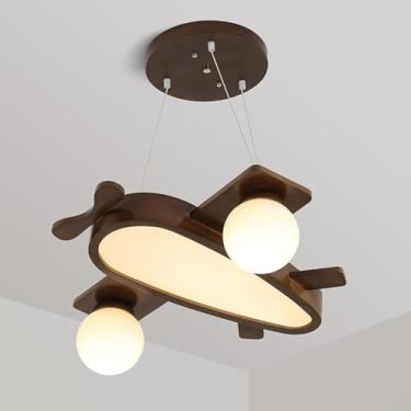 Imagem de Lustre de berçário de madeira, avião, avião, crianças, lustre para meninos, meninas, quarto, globo de leite branco, lâmpada de teto LED, luminária pendente rústica, moderna de meados do sécu