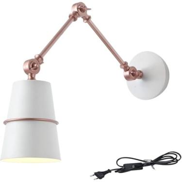 Imagem de Luminária de parede retrô interna com interruptor, luz de parede E27, braço giratório ajustável, luminária de cabeceira vintage com plugue de cabo, braço de metal branco, luz noturna para qu