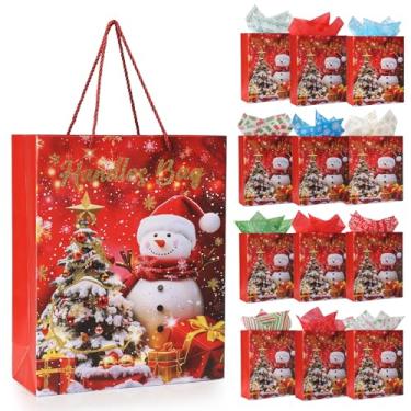 Imagem de Rusikia 12 sacos de presente de Natal com 12 lenços e 1 fita de cetim, sacos vermelhos de lembrancinha de festa a granel com alças, saco de papel de boneco de neve de árvore fofa brilhante para Natal
