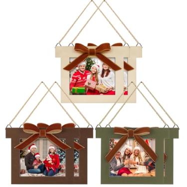 Imagem de Blulu 6 peças de enfeites de Natal, enfeites de madeira, moldura xadrez de búfalo, com laço xadrez vermelho e preto para árvores de Natal (cor elegante)