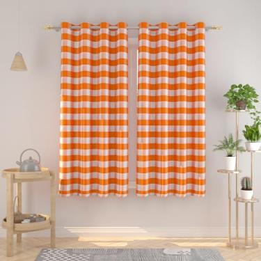 Imagem de Cortinas xadrez Buffalo 114,3 cm de comprimento, algodão, caveira, xadrez, cozinha, janela, painéis, sala de estar, xadrez, quarto, ilhós, tratamento de janela, 2 painéis, laranja e branco
