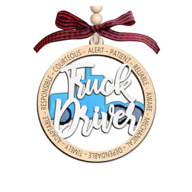 Imagem de Enfeite de madeira para motorista de caminhão, 2 camadas, decoração de árvore de Natal, enfeite rústico de férias para motoristas, enfeite de madeira de camada dupla estilo casa de fazenda para