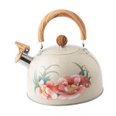 Imagem de Bothyi Chaleira com apito de aço inoxidável, alça dobrável, fácil de transportar, para indução a gás, moderna, pequena, padrão de flor de peônia, bule de chá