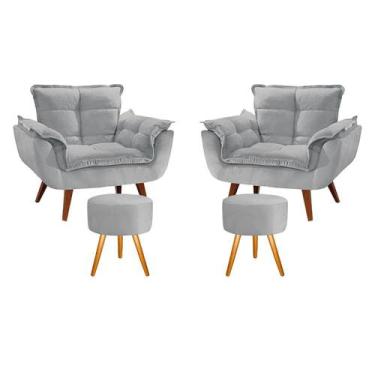 Imagem de Conjunto 2 Poltronas Opala com 2 Puff Redondo Luxo com Pés Estilo Retr