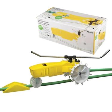 Imagem de Nelson Rain Train irrigador de água de 13.500 metros quadrados de ferro fundido ao ar livre para quintal e jardim, com desligamento automático, amarelo