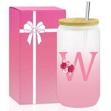 Imagem de AiHeart Presentes personalizados para mulheres, copo de vidro inicial com tampa e canudo, caneca de café gelado, copo de cerveja de smoothie, copo de vidro de 473 ml com tampa e canudo, presentes de