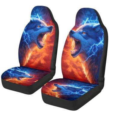 Imagem de Qpednta Capas de assento dianteiras de carro lobo fashion tecidos elásticos capa de assento frontal universal acessórios automotivos removíveis fácil instalação adequada para carros SUV