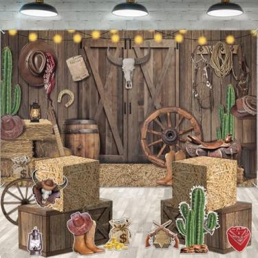 Imagem de 15 peças decorações de festa caubói ocidental pano de fundo rústico casa celeiro caixa de fardos de feno do oeste selvagem roda vagão botas de cowboy recortes de papel para rodeio ocidental