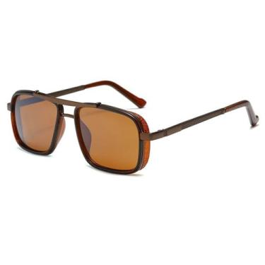 Imagem de Óculos de sol industriais vintage – Lentes retangulares geométricas com design de ponte dupla e dobradiças de mola, Marrom