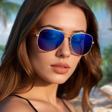 Imagem de Óculos de sol aviador, armação fina, design elegante e leve para mulheres, óculos piloto clássico com lente de policarbonato, Azul