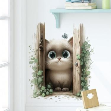 Imagem de Papel de parede de gatinho fofo com videiras verdes, animal peculiar - decoração de parede temática para quarto, sala de estar