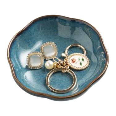 Imagem de Prato de anel de cerâmica, flor, suporte de joias, bandeja fofa de joias, travessa, pequena bandeja decorativa para chaveiro, decoração de quarto, estética para mãe, melhor amiga, irmã (azul)