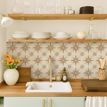 Imagem de Alwayspon Adesivo de azulejo, adesivo autoadesivo de 20 cm/8 polegadas estrela marrom em azulejos adesivo de transferência para banheiro cozinha, respingos, descasque e cole papel de parede de vinil