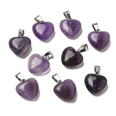 Imagem de 10 pingentes de pedra de ametista natural, pingentes de coração de amor, pedras de cristal de rocha com laço para colar faça você mesmo, brincos, pulseiras, bijuterias, enfeite para pendurar no dia