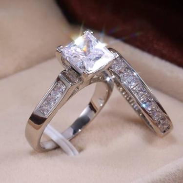 Imagem de 2 peças/conjunto de alianças de casamento de luxo para mulheres, joia de zircônia brilhante para noivado, 5, Latão, Zircônia cúbica