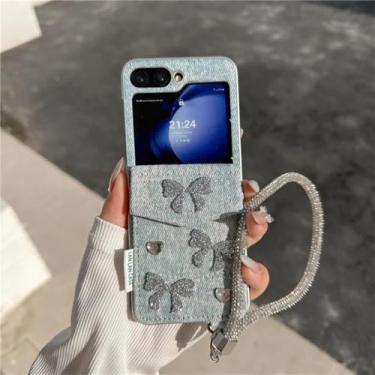 Imagem de Capa para Galaxy Z Flip5 com laço de strass e bolsa para cartão jeans com corrente de mão (para Galaxy Z Flip5/estilo)