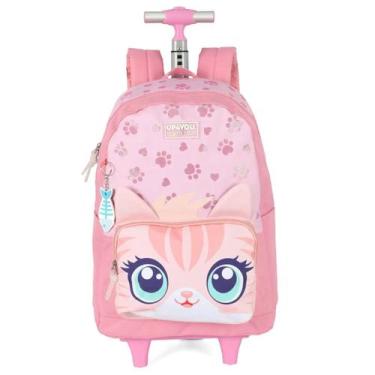 Imagem de Mochila De Rodinha Menina Bolsa Escolar Carrinho Up4you Gato, Rosa