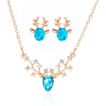 Imagem de coadipress Conjunto de brincos de colar de rena de Natal para mulheres brincos de rena de cristal delicado na moda colar com pingente de veado chifres fofos joias de fantasia de festa de Natal, Medium