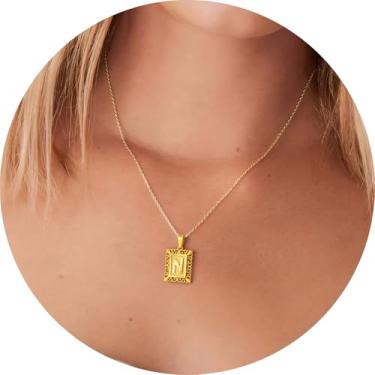 Imagem de Colar com letra inicial para mulheres, aço inoxidável banhado a ouro 18K, pingente retangular A–Z, corrente de 50,8 cm, 20in, Aço inoxidável, Sem Pedra Preciosa