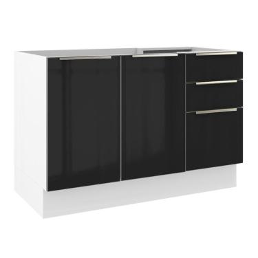 Imagem de Balcão Gabinete de Pia 120cm 2 Portas 3 Gavetas Branco Preto