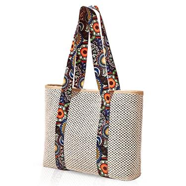 Imagem de QTKJ Bolsa de palha, bolsas de praia para mulheres, bolsa de praia de tecido macio, alça de ombro de lona, bolsa de mão de vime feita à mão para férias, Cor:, One Size