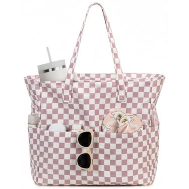 Imagem de LEDAOU Bolsa de praia feminina à prova d'água à prova de areia, bolsa de piscina com zíper para academia, compras, viagem, com bolso molhado, B - grade branca roxa, Large