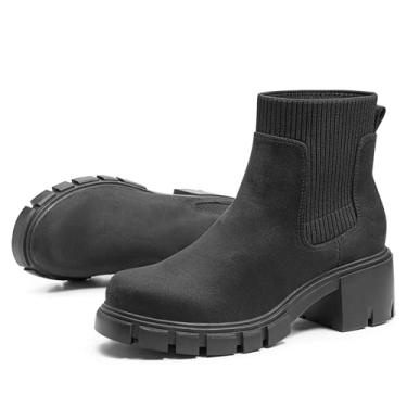 Imagem de FITORY Botas Chelsea femininas, botas elásticas no tornozelo com salto médio grosso e sola saliente, sapatos confortáveis e modernos para outono e inverno, tamanho 6-11, Camurça preta, 41