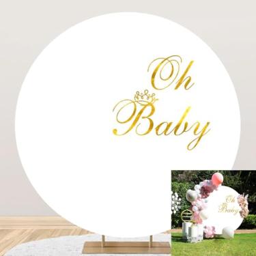Imagem de 2,2 x 2,2 m Oh Baby capa de fundo redondo fundo branco letras douradas sinal para recém-nascido simples chá de bebê círculo fotografia fundo de gênero revelar decoração de festa de aniversário