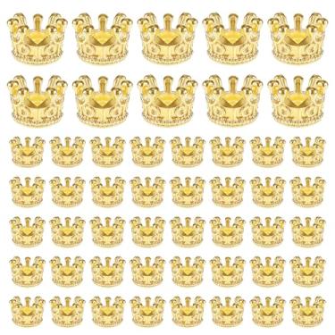 Imagem de Amuletos de coroa, 50 peças mini coroas para artesanato, contas de coroa de rei de liga 3D, contas espaçadoras de orifício grande para joias faça você mesmo colar pulseira suprimentos (ouro)