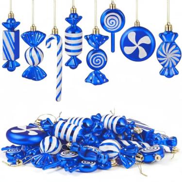Imagem de Leyndo 24 peças de enfeite para pendurar doces de Natal, bengala doce, hortelã-pimenta, pirulito, enfeite de glitter para decoração de festa de árvore de Natal em casa (azul)